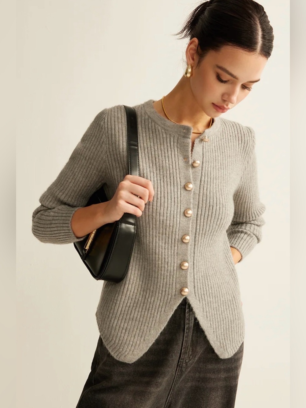 Commense Light Gray Ribbed Button Cardigan - Picture 2 of 4